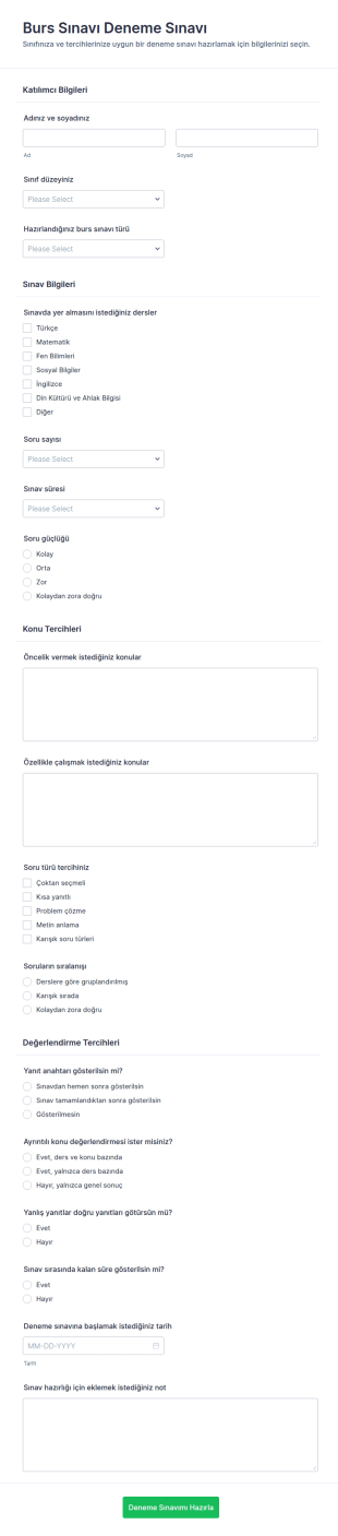 Burs Sınavı Deneme Sınavı Form Şablonu