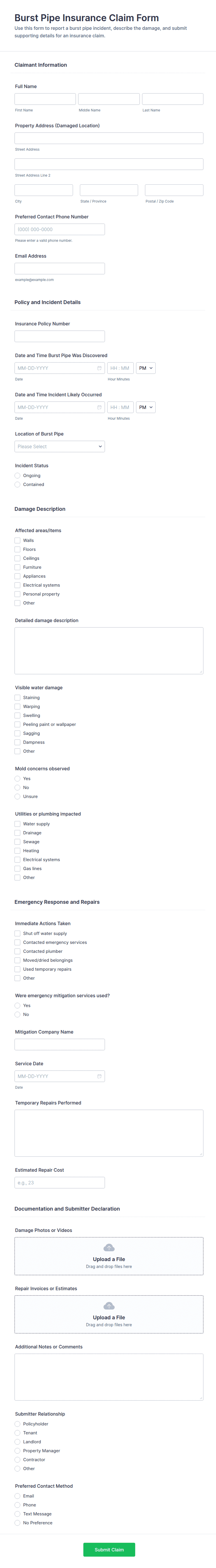 Burst Pipe Insurance Claim Form Template | Jotform