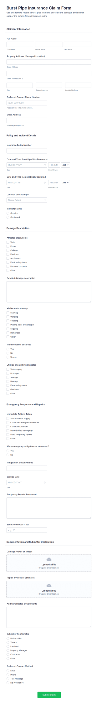 Burst Pipe Insurance Claim Form Template