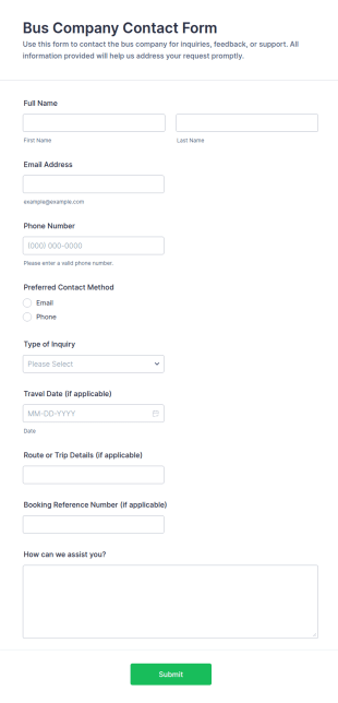 Bus Company Contact Form Template
