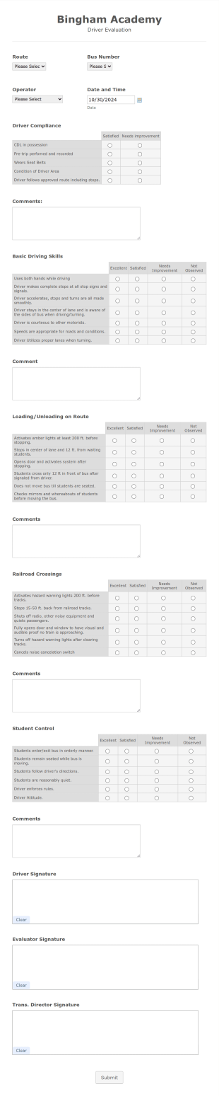 Idaho Bus Driver Evaluation Form Template