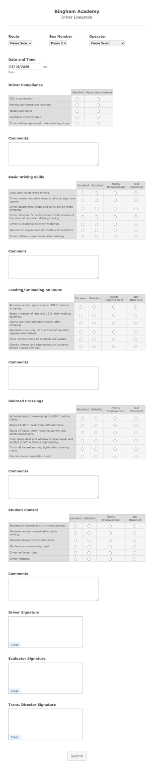 Idaho Bus Driver Evaluation Form Template