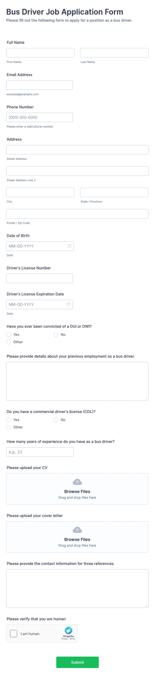 Bus Driver Job Application Form Template