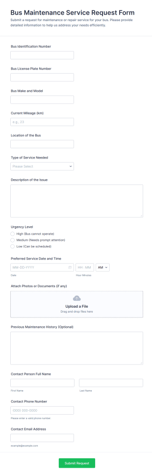 Bus Maintenance Service Request Form Template