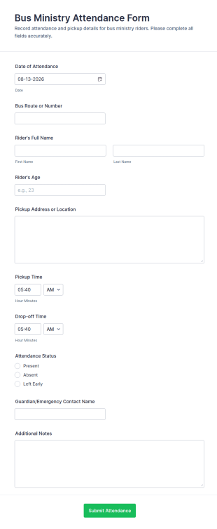 Bus Ministry Attendance Form Template