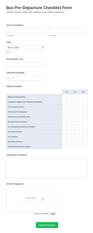Bus Pre Departure Checklist Form Template