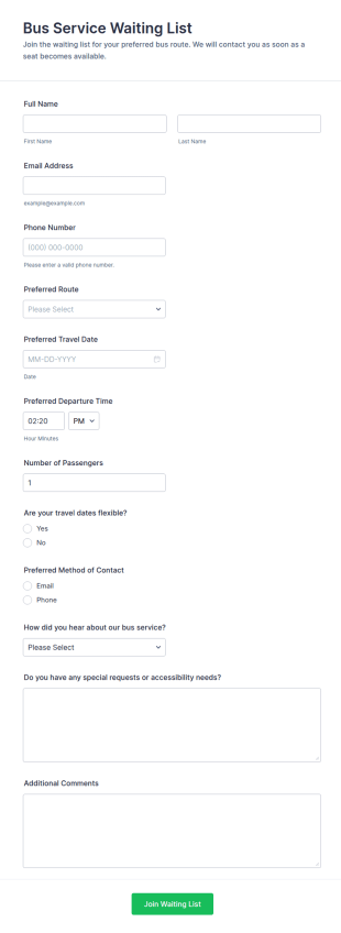 Bus Service Waiting List Form Template