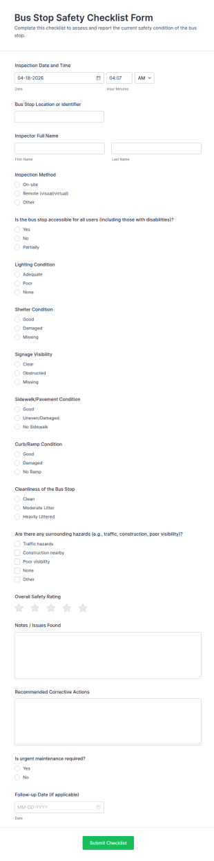 Bus Stop Safety Checklist Form Template
