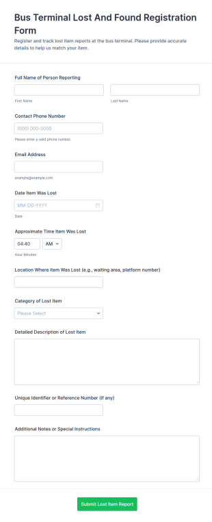 Bus Terminal Lost And Found Registration Form Template