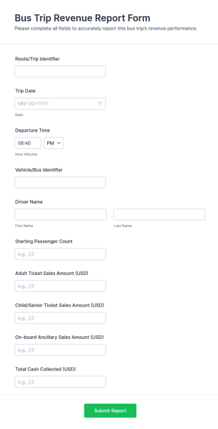 Bus Trip Revenue Report Form Template