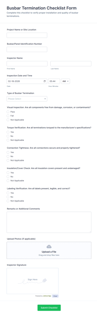 Busbar Termination Checklist Form Template
