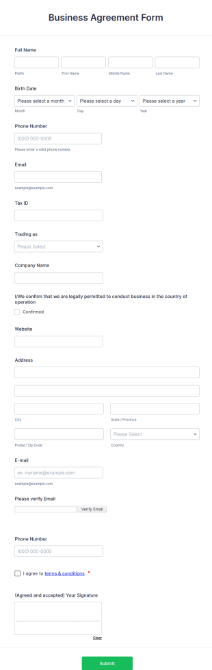Business Agreement Form Template