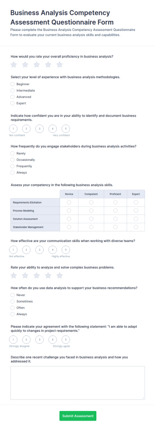 Business Analysis Competency Assessment Questionnaire Form Template