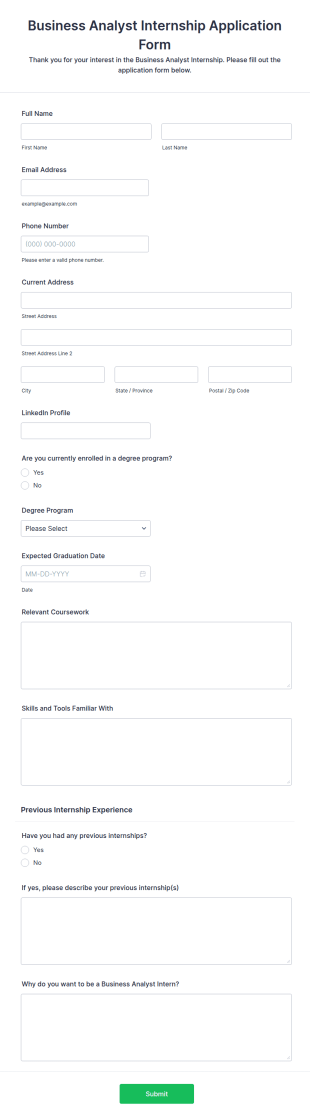 Business Analyst Internship Application Form Template