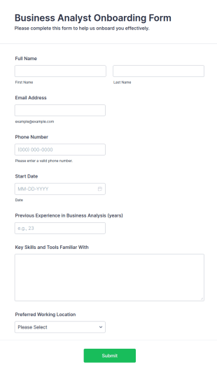 Business Analyst Onboarding Form Template