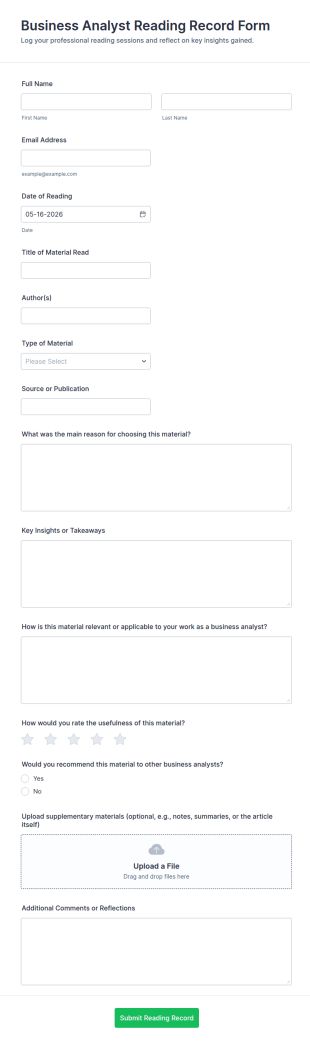 Business Analyst Reading Record Form Template