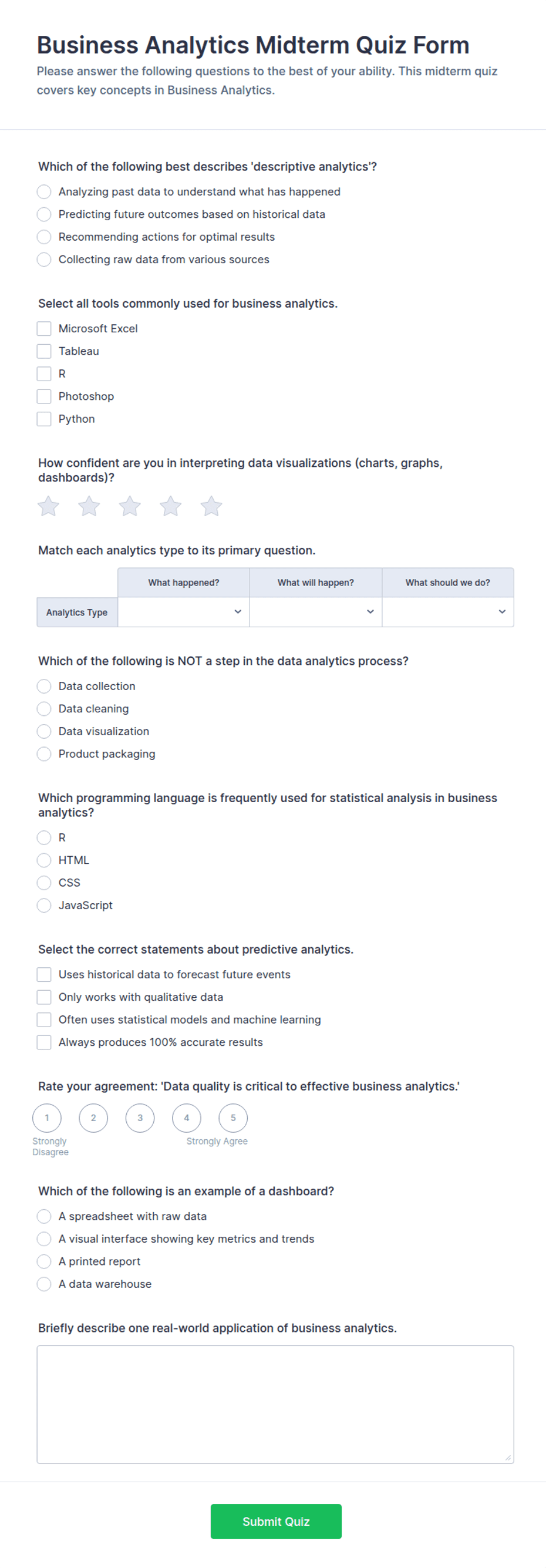 Business Analytics Midterm Quiz Form Template | Jotform