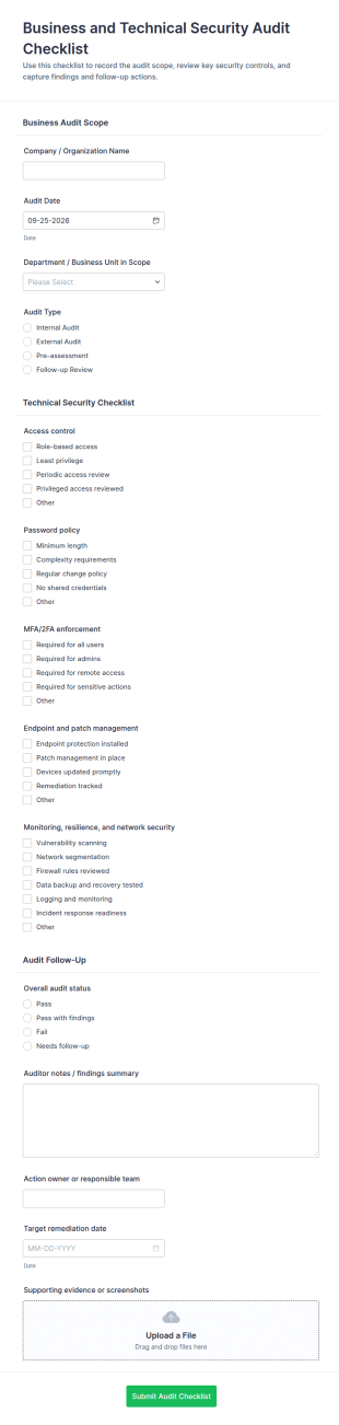 Business And Technical Security Audit Checklist Form Template