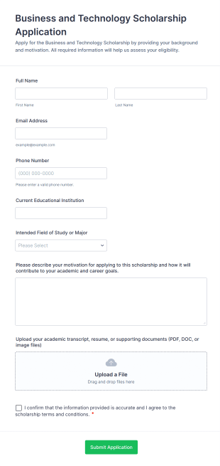 Business And Technology Scholarship Application Form Template