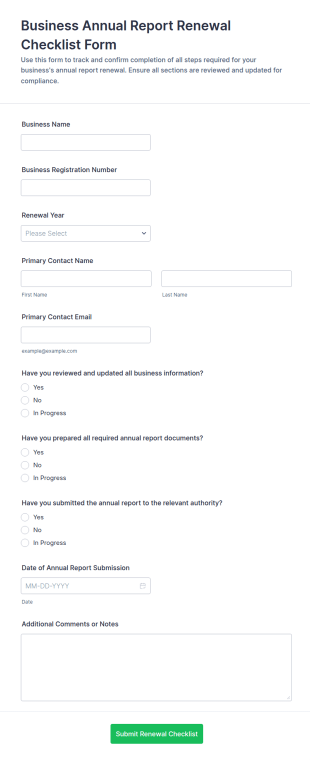 Business Annual Report Renewal Checklist Form Template