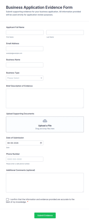 Business Application Evidence Form Template