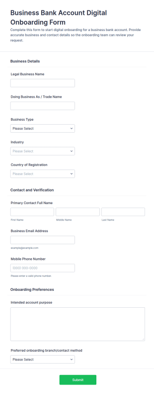 Business Bank Account Digital Onboarding Form Template