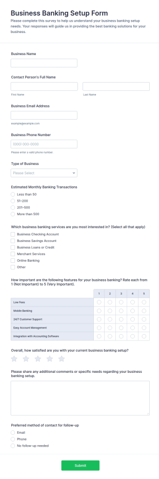 Business Banking Setup Survey Form Template
