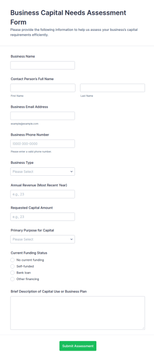 Business Capital Needs Assessment Questionnaire Form Template