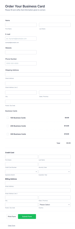 Business Card Order Form Template