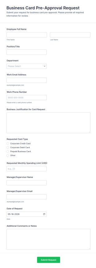 Business Card Pre Approval Request Form Template
