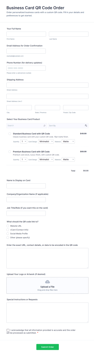 Business Card QR Code Order Form Template