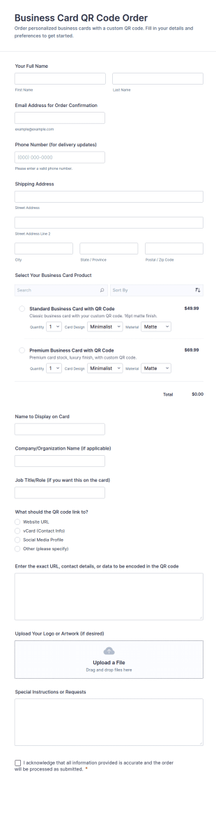 Business Card QR Code Order Form Template