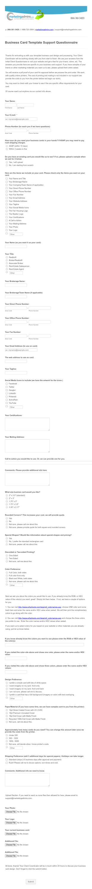 Business Card Template Support Questionnaire Form Template