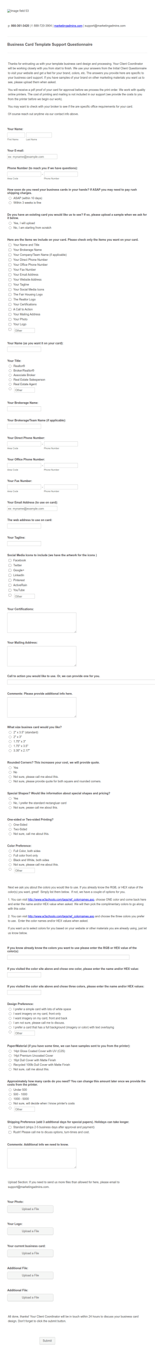 Business Card Template Support Questionnaire Template