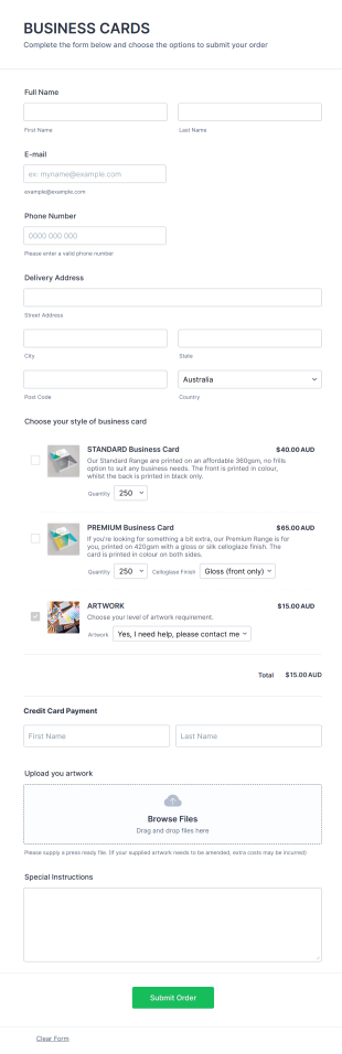 Business Cards Form Template