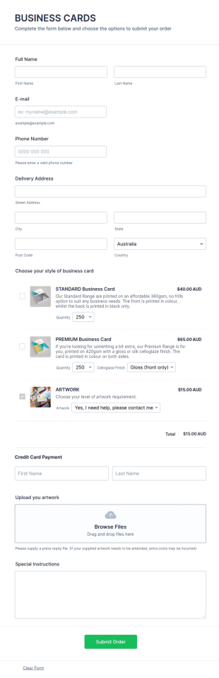 Business Cards Form Template