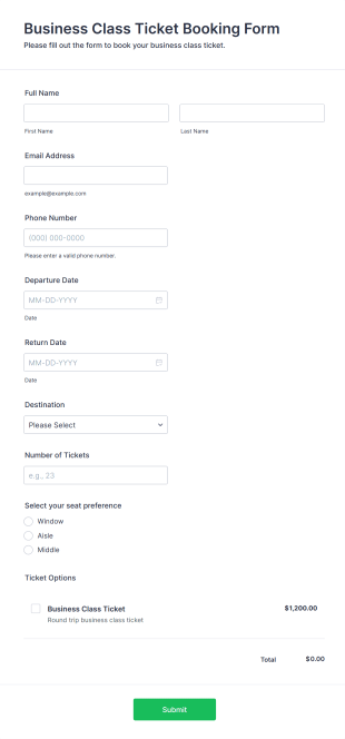 Business Class Ticket Booking Form Template