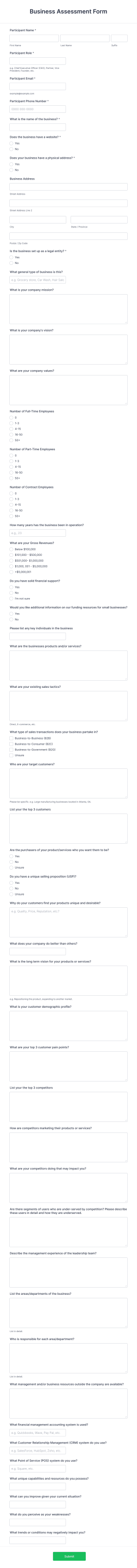 Business Client Assessment Form Template