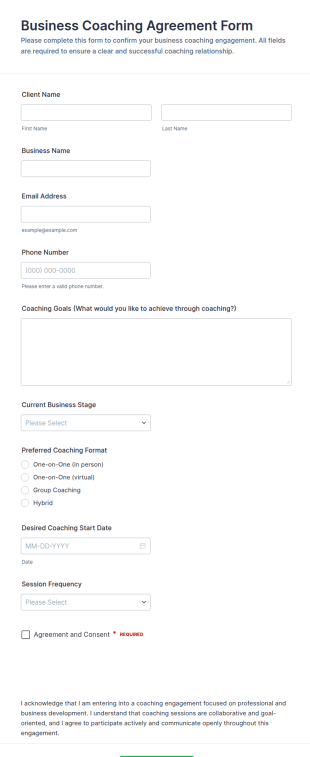 Business Coaching Agreement Form Template