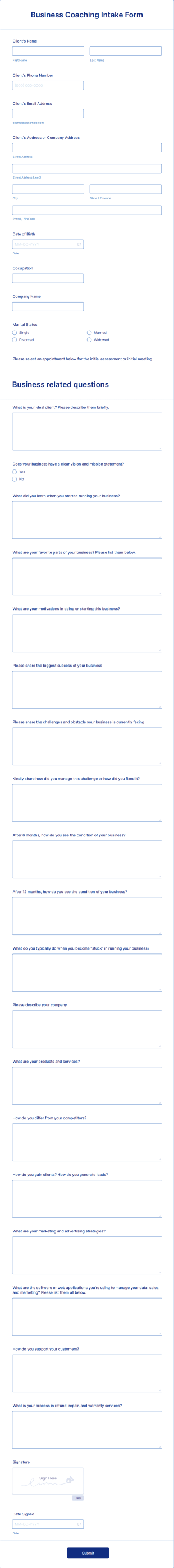 Business Coaching Intake Form Template
