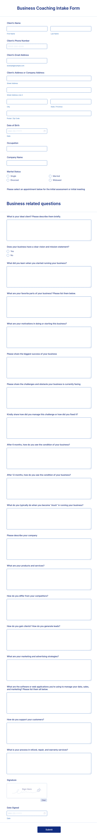Business Coaching Intake Form Template