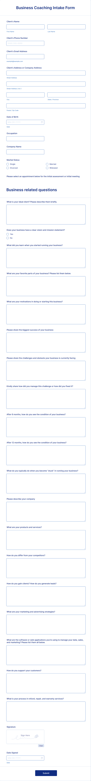 Business Coaching Intake Form Template