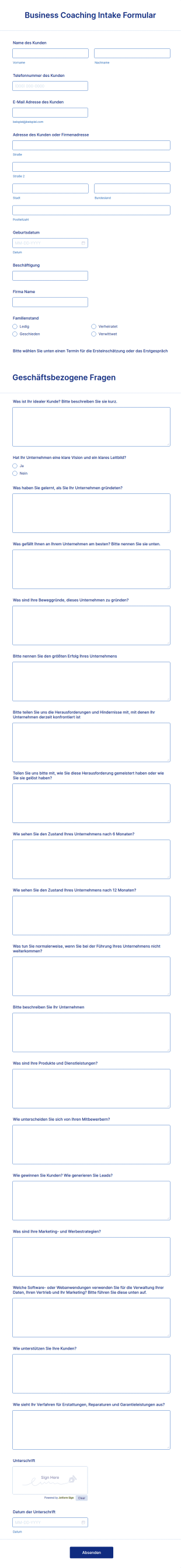 Business Coaching Intake Formular