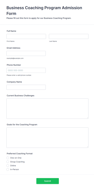 Business Coaching Program Admission Form Form Template