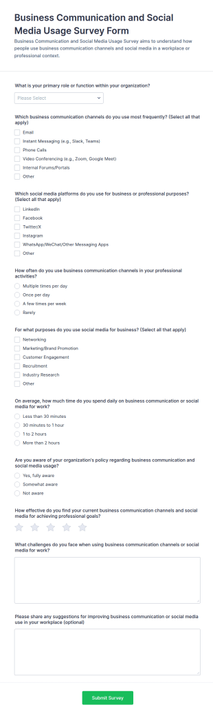 Business Communication And Social Media Usage Survey Form Template