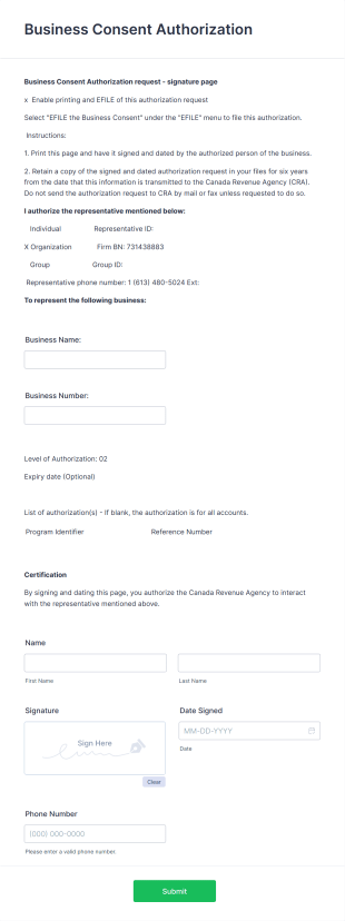 Business Consent Authorization Form Template