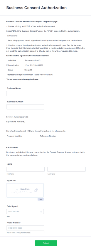 Business Consent Authorization Form Template