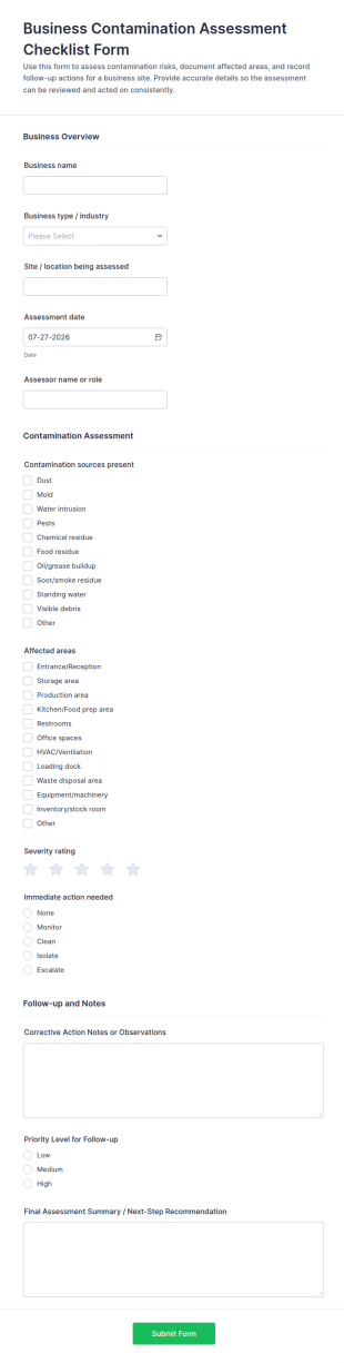 Business Contamination Assessment Form Template