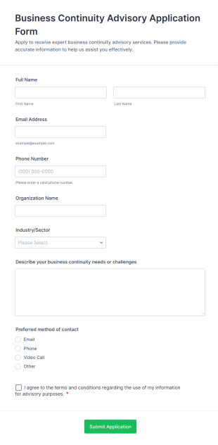Business Continuity Advisory Application Form Form Template