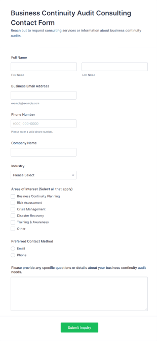 Business Continuity Audit Consulting Contact Form Template